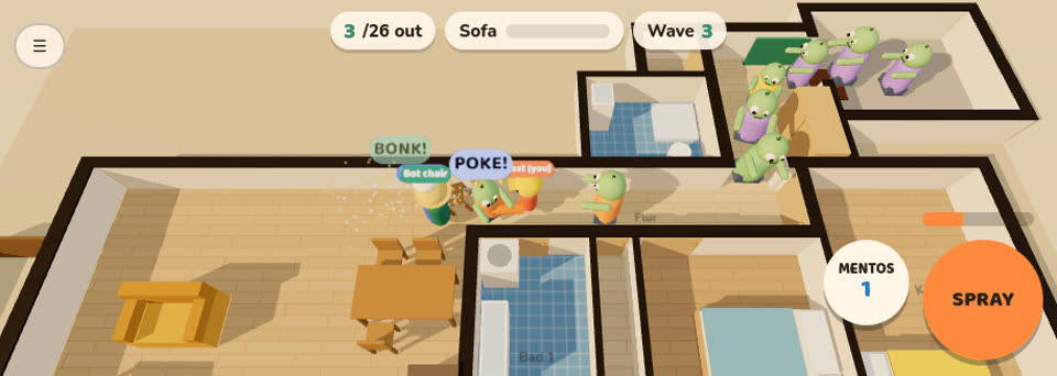 Top-down toy flat with cartoon zombies being pushed back by a family