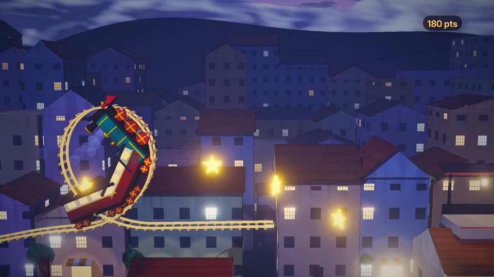 A steam train riding a hand-drawn loop-the-loop over night-time rooftops